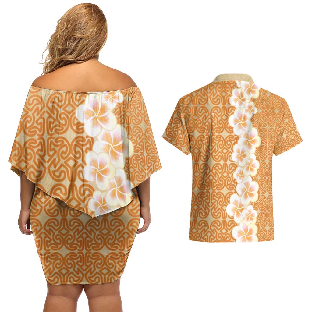 Personalised Tufi Tapa and Tattoo Festival Couples Matching Off Shoulder Short Dress and Hawaiian Shirt Oro Tapa Cloth With Plumeria - Polynesian Pride