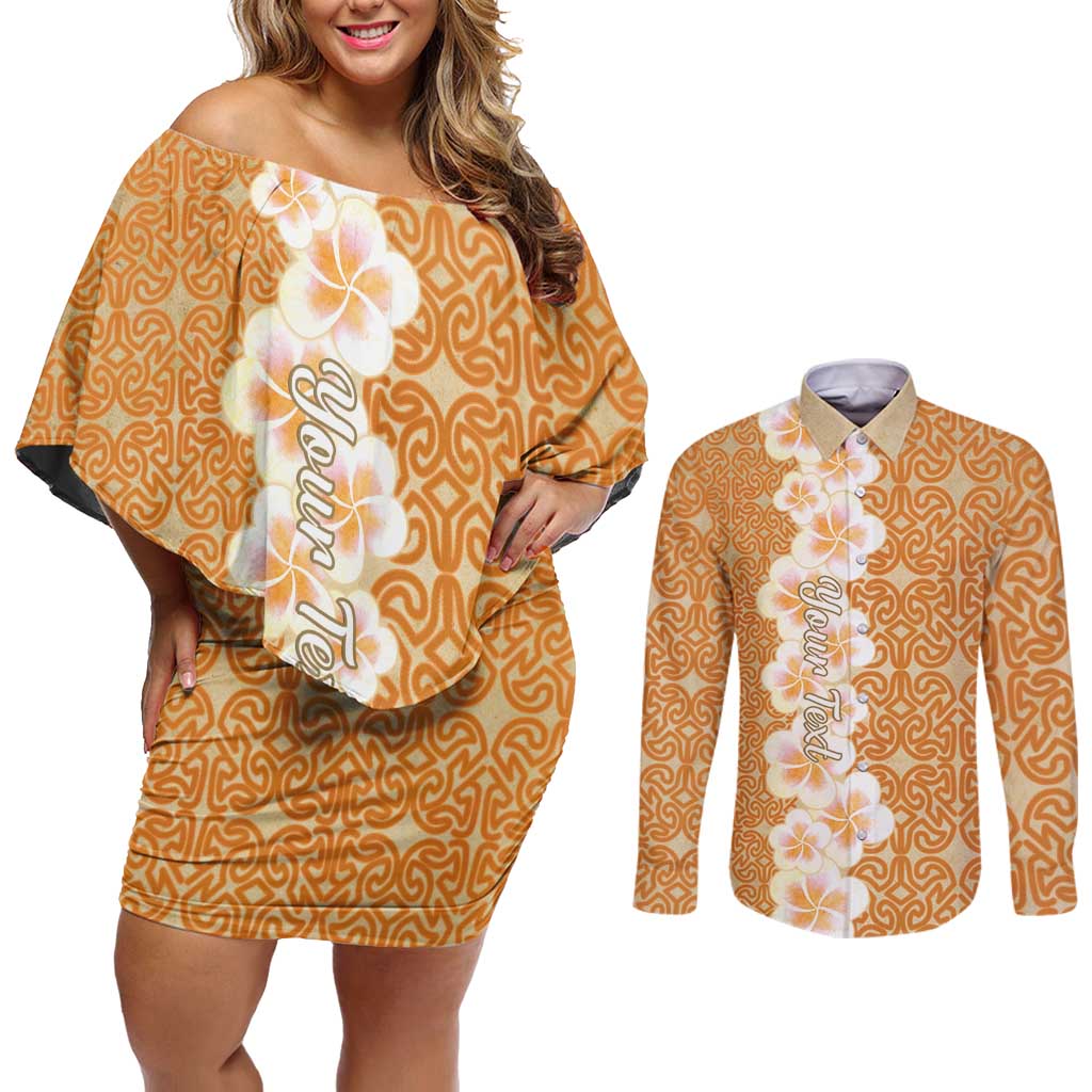 Personalised Tufi Tapa and Tattoo Festival Couples Matching Off Shoulder Short Dress and Long Sleeve Button Shirt Oro Tapa Cloth With Plumeria LT14 Brown - Polynesian Pride