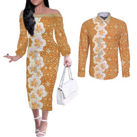Personalised Tufi Tapa and Tattoo Festival Couples Matching Off The Shoulder Long Sleeve Dress and Long Sleeve Button Shirt Oro Tapa Cloth With Plumeria - Polynesian Pride