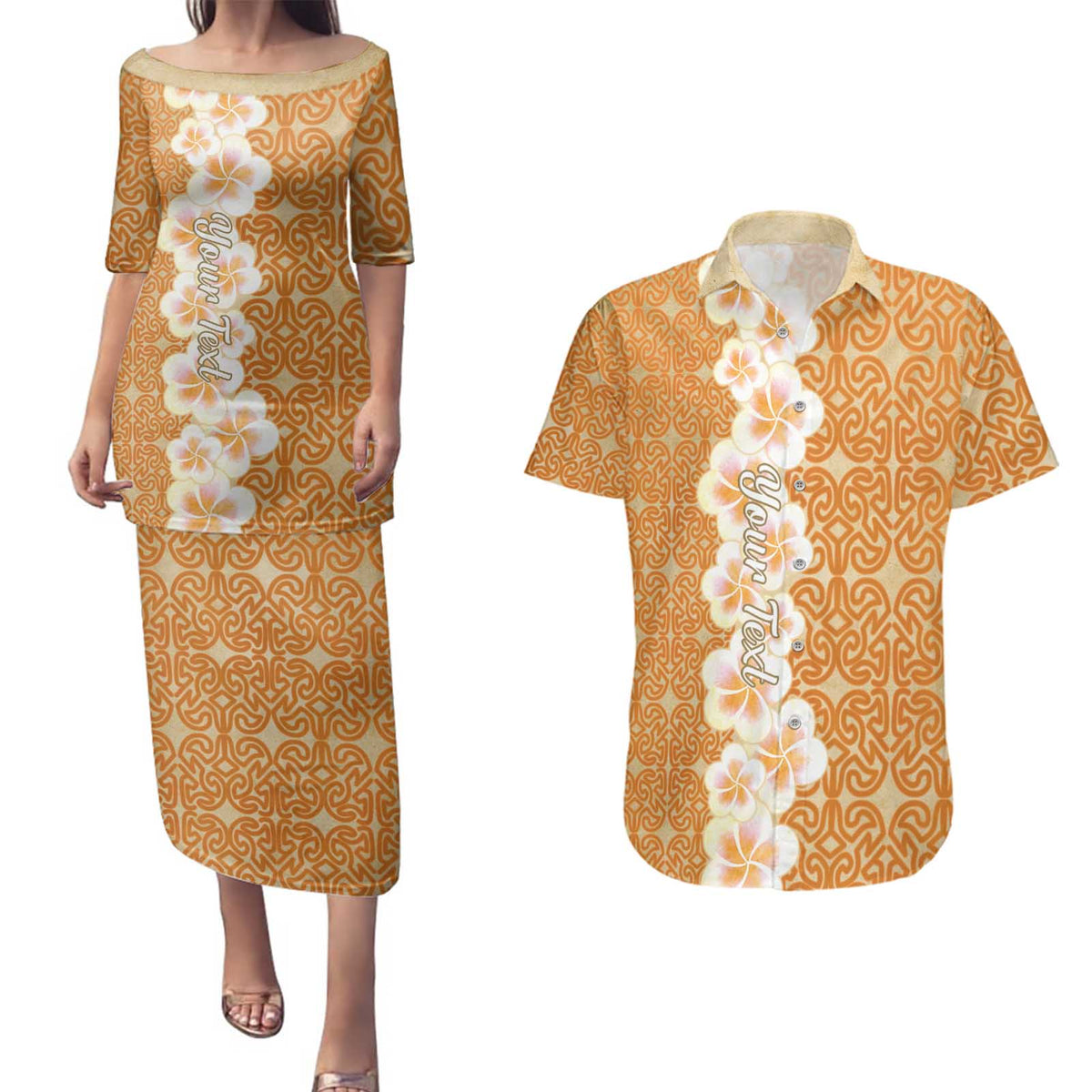 Personalised Tufi Tapa and Tattoo Festival Couples Matching Puletasi and Hawaiian Shirt Oro Tapa Cloth With Plumeria - Polynesian Pride