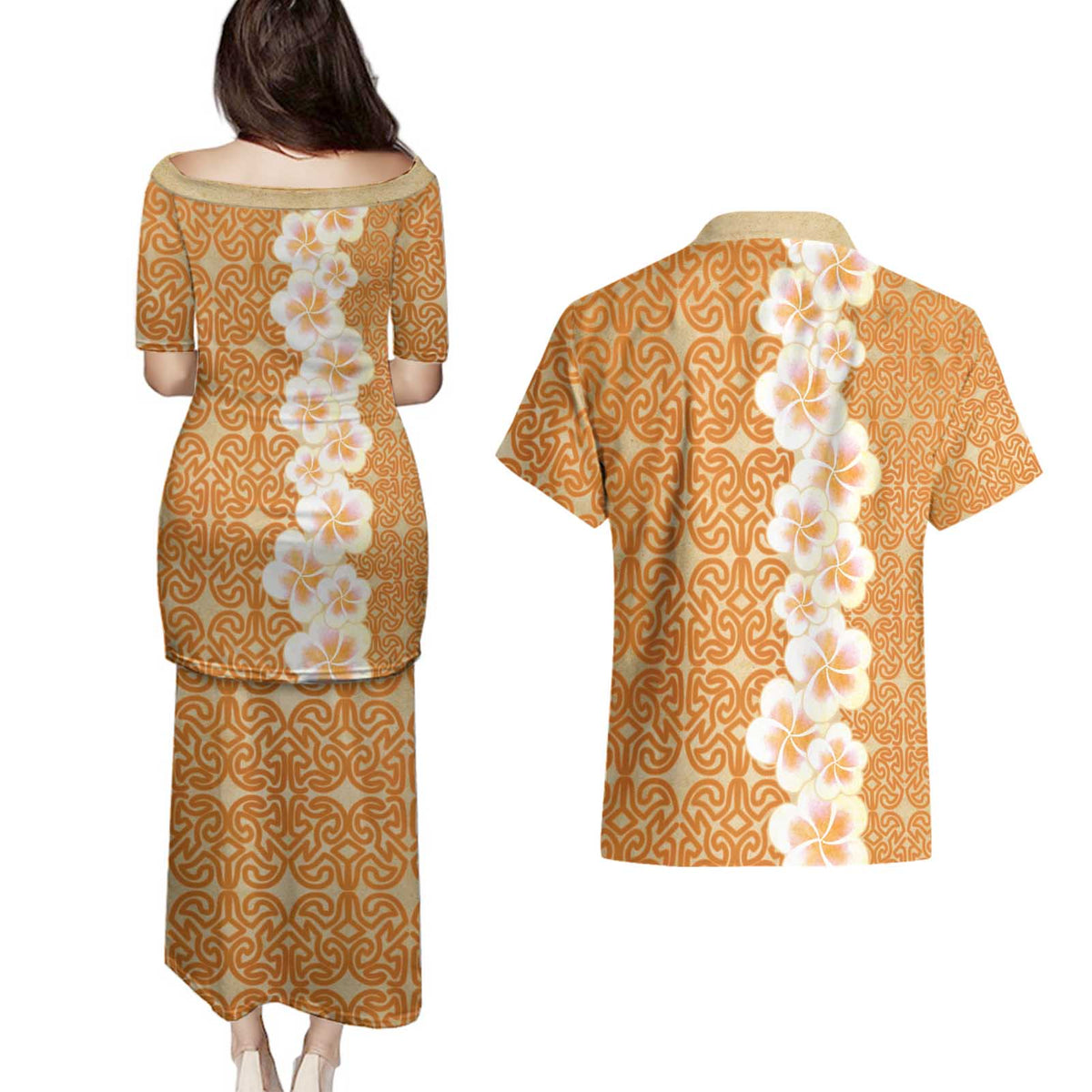 Personalised Tufi Tapa and Tattoo Festival Couples Matching Puletasi and Hawaiian Shirt Oro Tapa Cloth With Plumeria - Polynesian Pride
