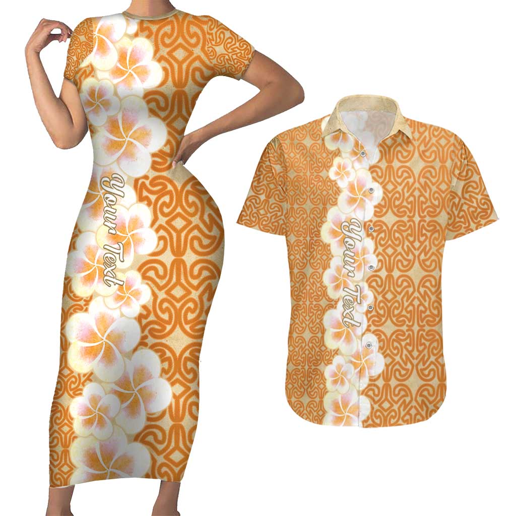 Personalised Tufi Tapa and Tattoo Festival Couples Matching Short Sleeve Bodycon Dress and Hawaiian Shirt Oro Tapa Cloth With Plumeria - Polynesian Pride
