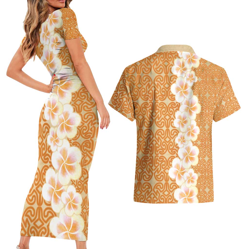 Personalised Tufi Tapa and Tattoo Festival Couples Matching Short Sleeve Bodycon Dress and Hawaiian Shirt Oro Tapa Cloth With Plumeria - Polynesian Pride