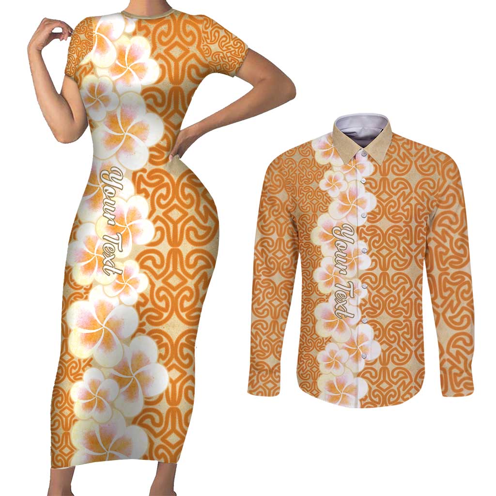 Personalised Tufi Tapa and Tattoo Festival Couples Matching Short Sleeve Bodycon Dress and Long Sleeve Button Shirt Oro Tapa Cloth With Plumeria LT14 Brown - Polynesian Pride