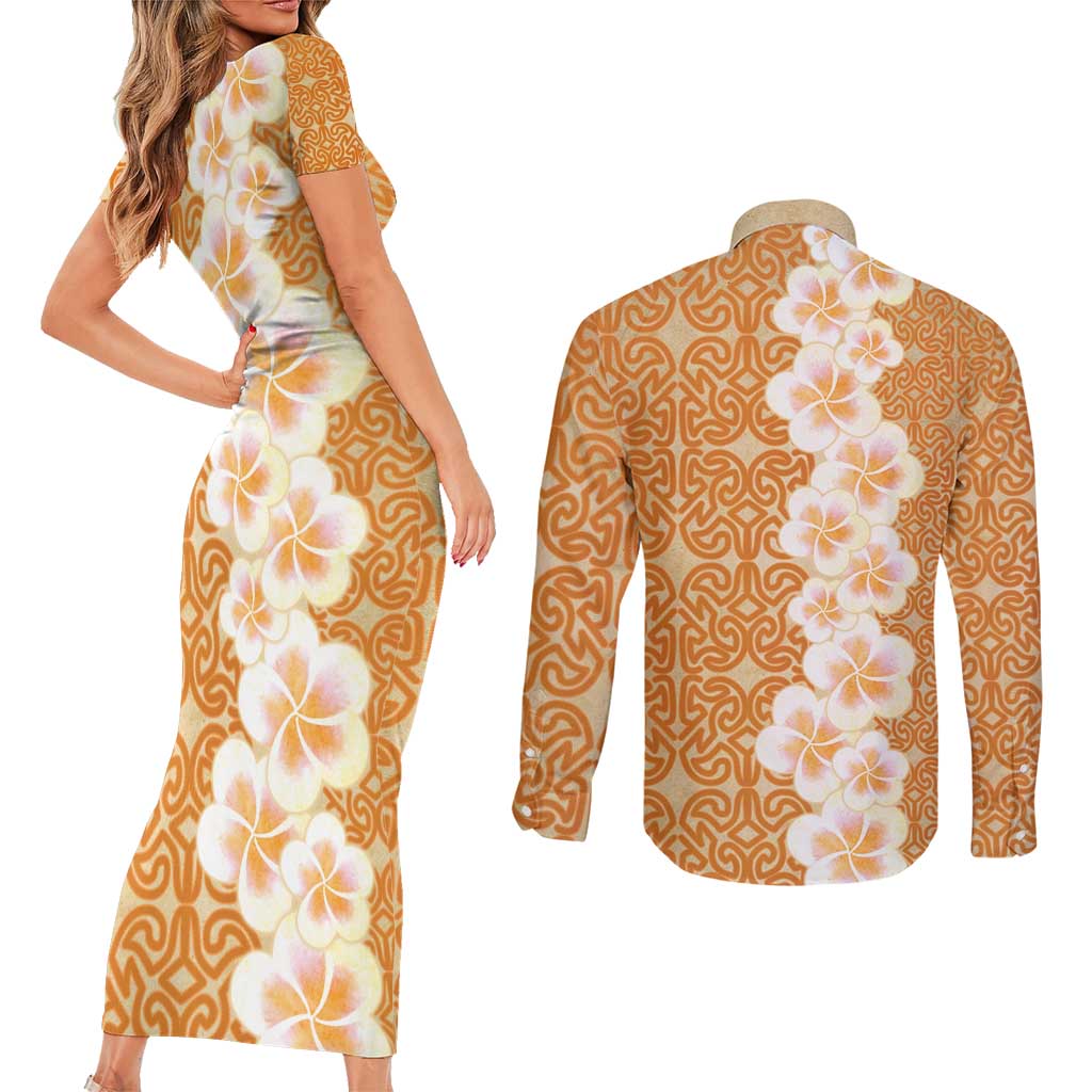Personalised Tufi Tapa and Tattoo Festival Couples Matching Short Sleeve Bodycon Dress and Long Sleeve Button Shirt Oro Tapa Cloth With Plumeria - Polynesian Pride