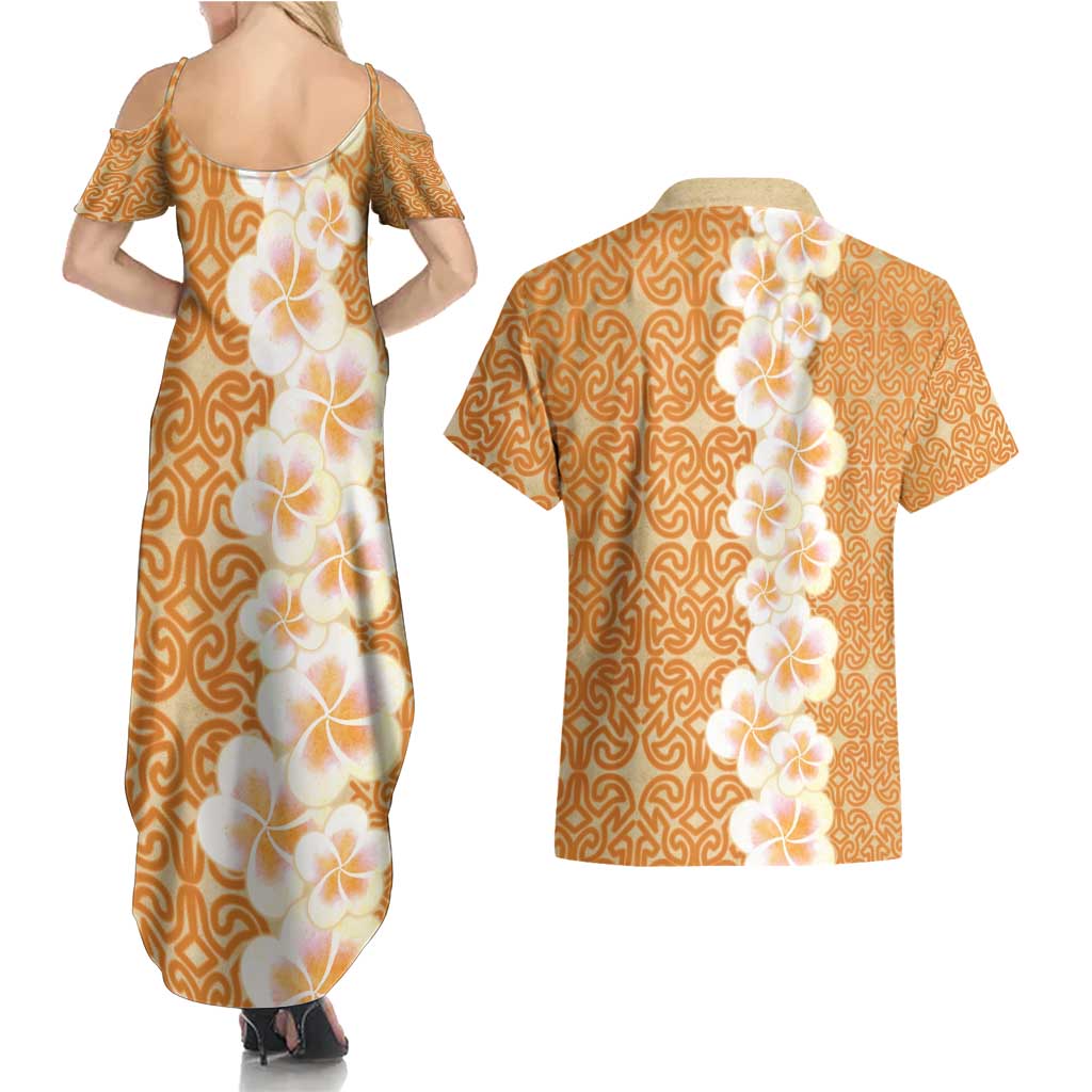 Personalised Tufi Tapa and Tattoo Festival Couples Matching Summer Maxi Dress and Hawaiian Shirt Oro Tapa Cloth With Plumeria - Polynesian Pride