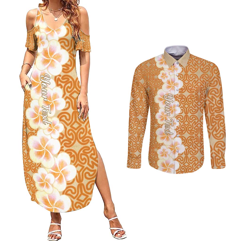 Personalised Tufi Tapa and Tattoo Festival Couples Matching Summer Maxi Dress and Long Sleeve Button Shirt Oro Tapa Cloth With Plumeria LT14 Brown - Polynesian Pride