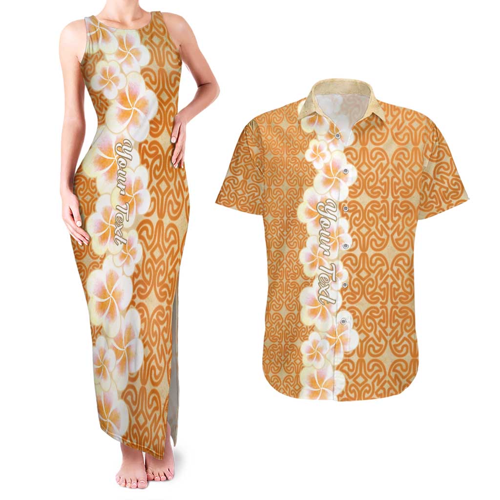 Personalised Tufi Tapa and Tattoo Festival Couples Matching Tank Maxi Dress and Hawaiian Shirt Oro Tapa Cloth With Plumeria - Polynesian Pride