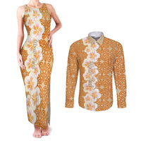 Personalised Tufi Tapa and Tattoo Festival Couples Matching Tank Maxi Dress and Long Sleeve Button Shirt Oro Tapa Cloth With Plumeria - Polynesian Pride