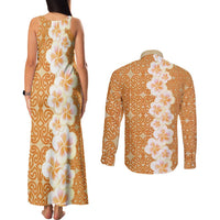 Personalised Tufi Tapa and Tattoo Festival Couples Matching Tank Maxi Dress and Long Sleeve Button Shirt Oro Tapa Cloth With Plumeria - Polynesian Pride