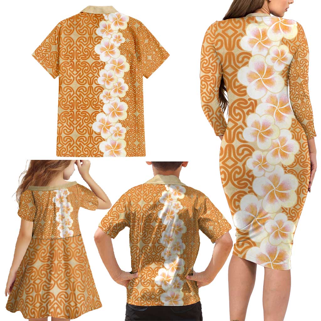 Personalised Tufi Tapa and Tattoo Festival Family Matching Long Sleeve Bodycon Dress and Hawaiian Shirt Oro Tapa Cloth With Plumeria - Polynesian Pride
