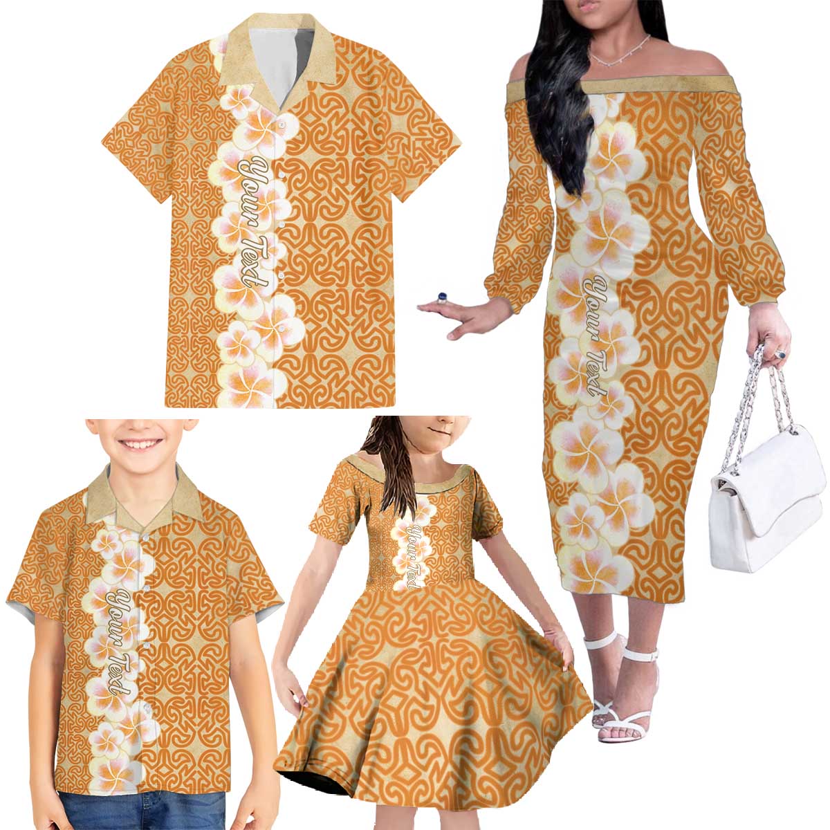 Personalised Tufi Tapa and Tattoo Festival Family Matching Off The Shoulder Long Sleeve Dress and Hawaiian Shirt Oro Tapa Cloth With Plumeria - Polynesian Pride