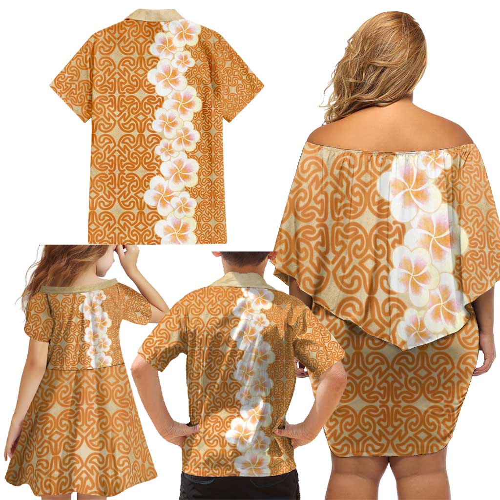Personalised Tufi Tapa and Tattoo Festival Family Matching Off Shoulder Short Dress and Hawaiian Shirt Oro Tapa Cloth With Plumeria - Polynesian Pride