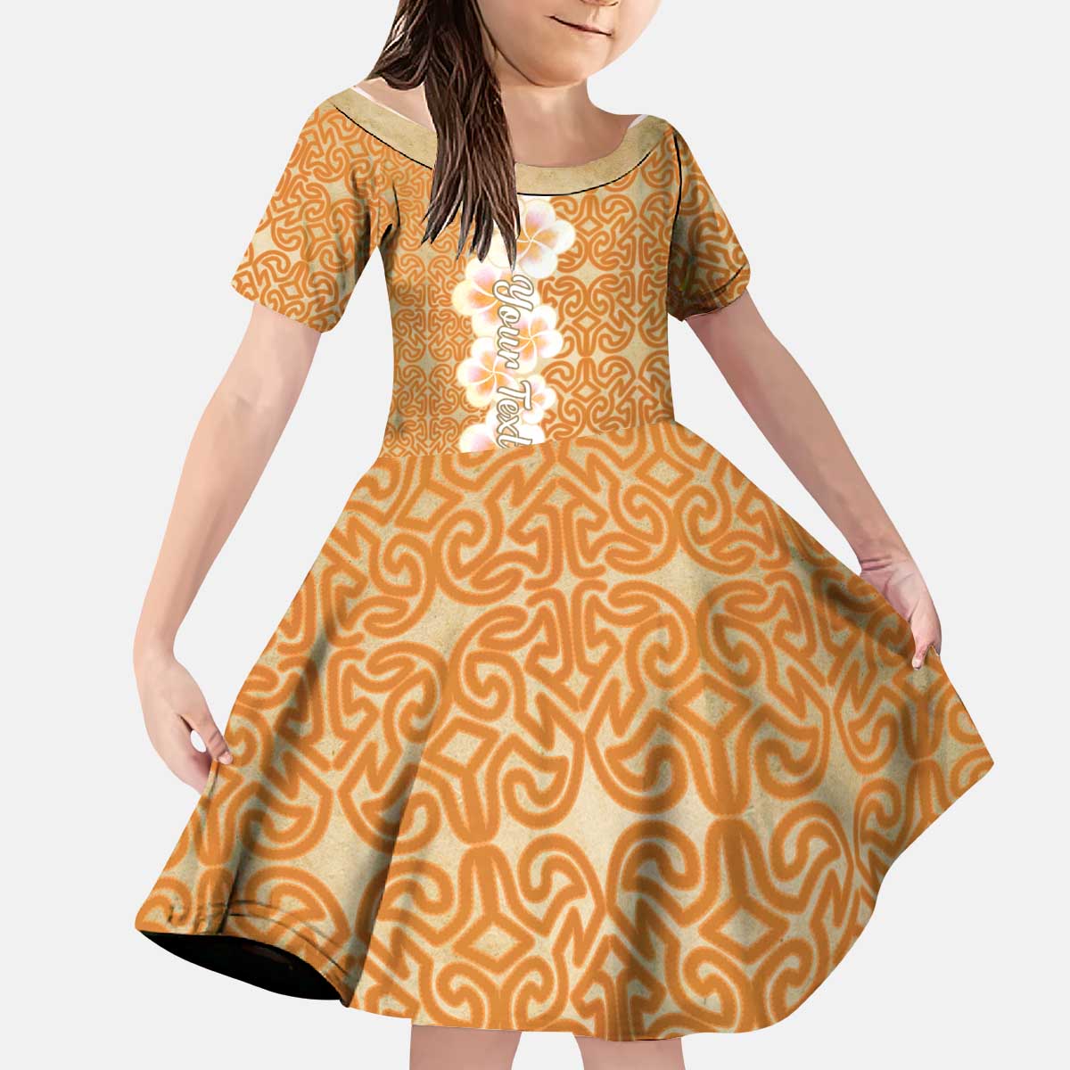 Personalised Tufi Tapa and Tattoo Festival Kid Short Sleeve Dress Oro Tapa Cloth With Plumeria - Polynesian Pride