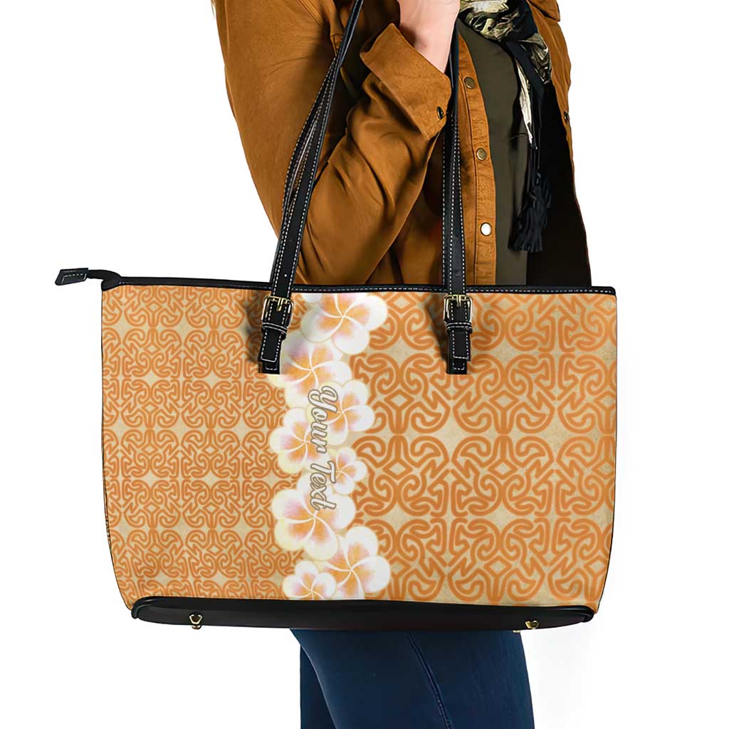 Personalised Tufi Tapa and Tattoo Festival Leather Tote Bag Oro Tapa Cloth With Plumeria - Polynesian Pride