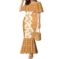 Personalised Tufi Tapa and Tattoo Festival Mermaid Dress Oro Tapa Cloth With Plumeria LT14 Women Brown - Polynesian Pride