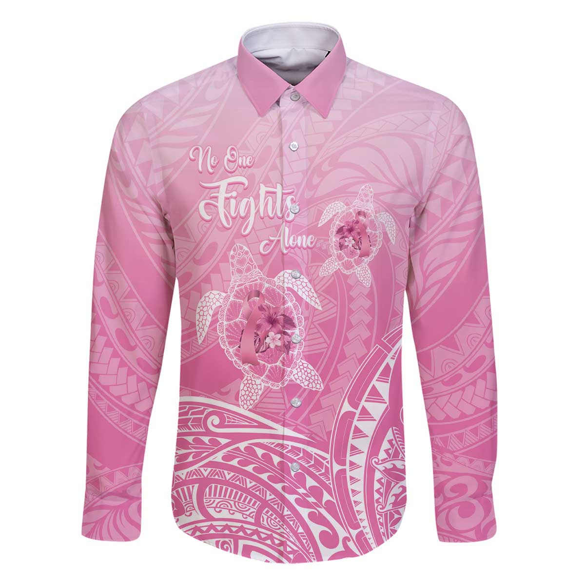 Personalised Polynesia Breast Cancer Awareness Family Matching Off The Shoulder Long Sleeve Dress and Hawaiian Shirt No One Fights Alone Turtle Ribbon - Pink Version