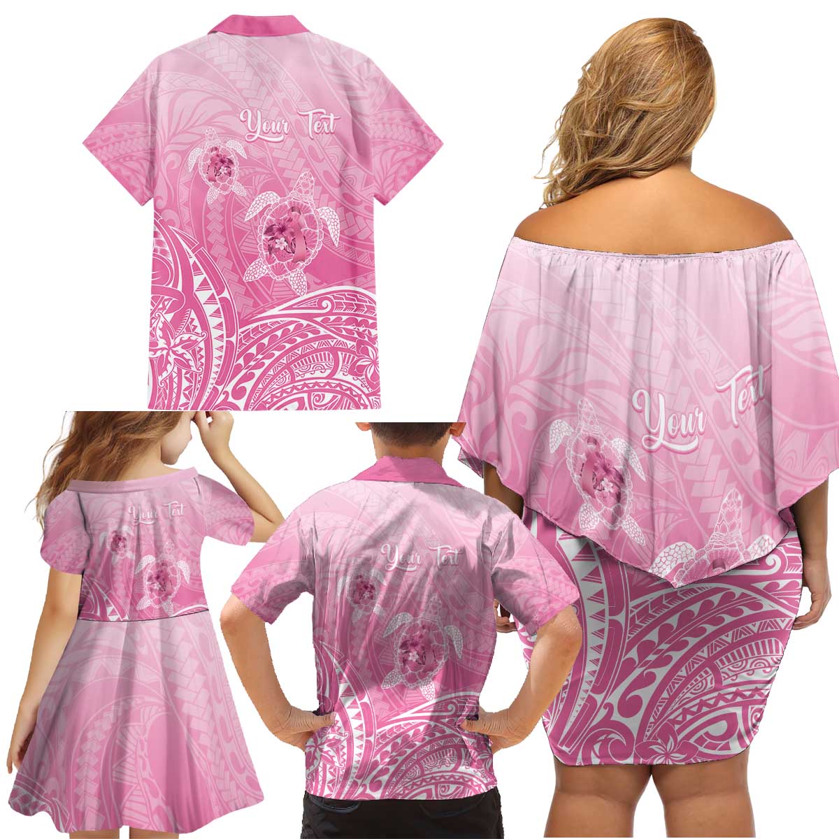 Personalised Polynesia Breast Cancer Awareness Family Matching Off Shoulder Short Dress and Hawaiian Shirt No One Fights Alone Turtle Ribbon - Pink Version