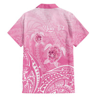 Personalised Polynesia Breast Cancer Awareness Family Matching Off Shoulder Short Dress and Hawaiian Shirt No One Fights Alone Turtle Ribbon - Pink Version