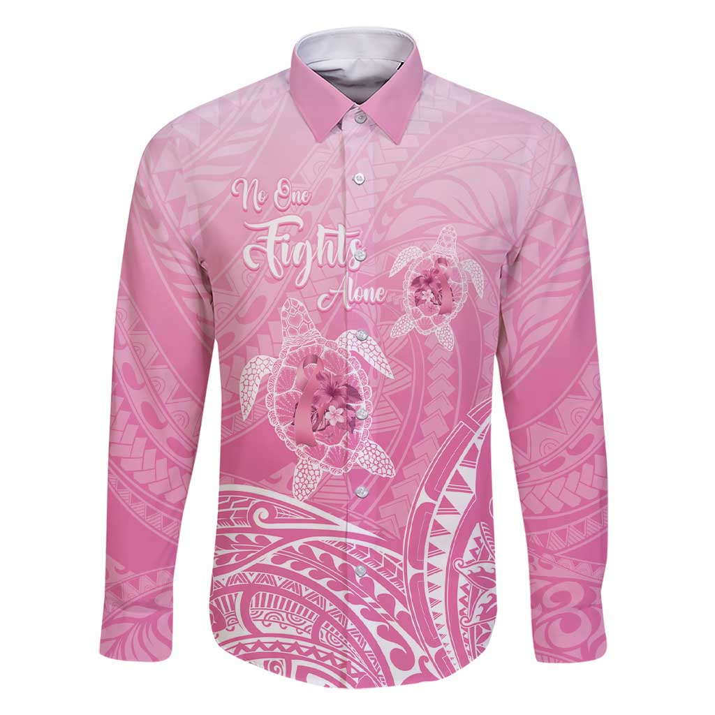 Personalised Polynesia Breast Cancer Awareness Family Matching Short Sleeve Bodycon Dress and Hawaiian Shirt No One Fights Alone Turtle Ribbon - Pink Version