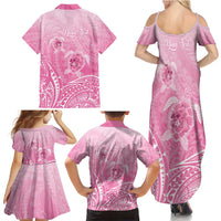 Personalised Polynesia Breast Cancer Awareness Family Matching Summer Maxi Dress and Hawaiian Shirt No One Fights Alone Turtle Ribbon - Pink Version