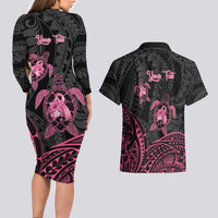 Personalised Polynesia Breast Cancer Awareness Couples Matching Long Sleeve Bodycon Dress and Hawaiian Shirt No One Fights Alone Turtle Ribbon - Black Version