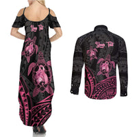 Personalised Polynesia Breast Cancer Awareness Couples Matching Summer Maxi Dress and Long Sleeve Button Shirt No One Fights Alone Turtle Ribbon - Black Version