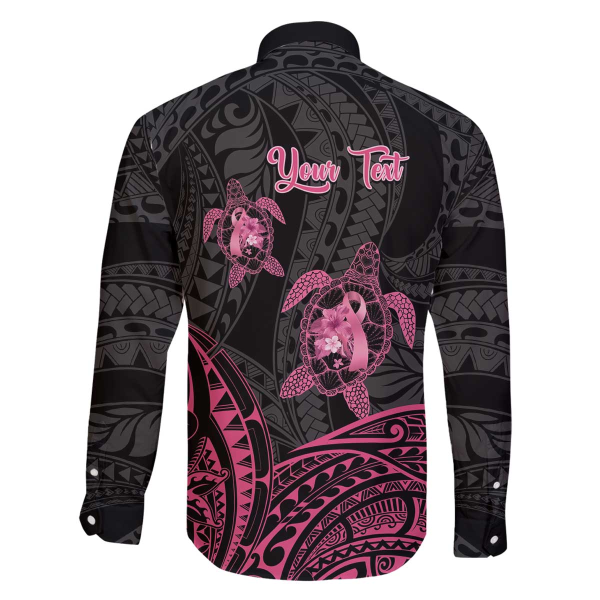 Personalised Polynesia Breast Cancer Awareness Family Matching Off The Shoulder Long Sleeve Dress and Hawaiian Shirt No One Fights Alone Turtle Ribbon - Black Version