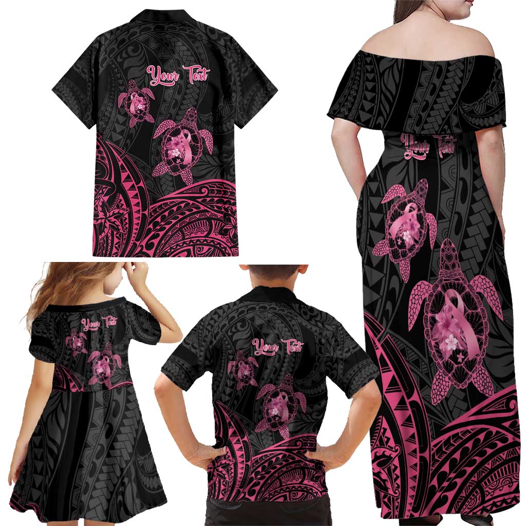 Personalised Polynesia Breast Cancer Awareness Family Matching Off Shoulder Maxi Dress and Hawaiian Shirt No One Fights Alone Turtle Ribbon - Black Version