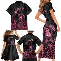 Personalised Polynesia Breast Cancer Awareness Family Matching Short Sleeve Bodycon Dress and Hawaiian Shirt No One Fights Alone Turtle Ribbon - Black Version