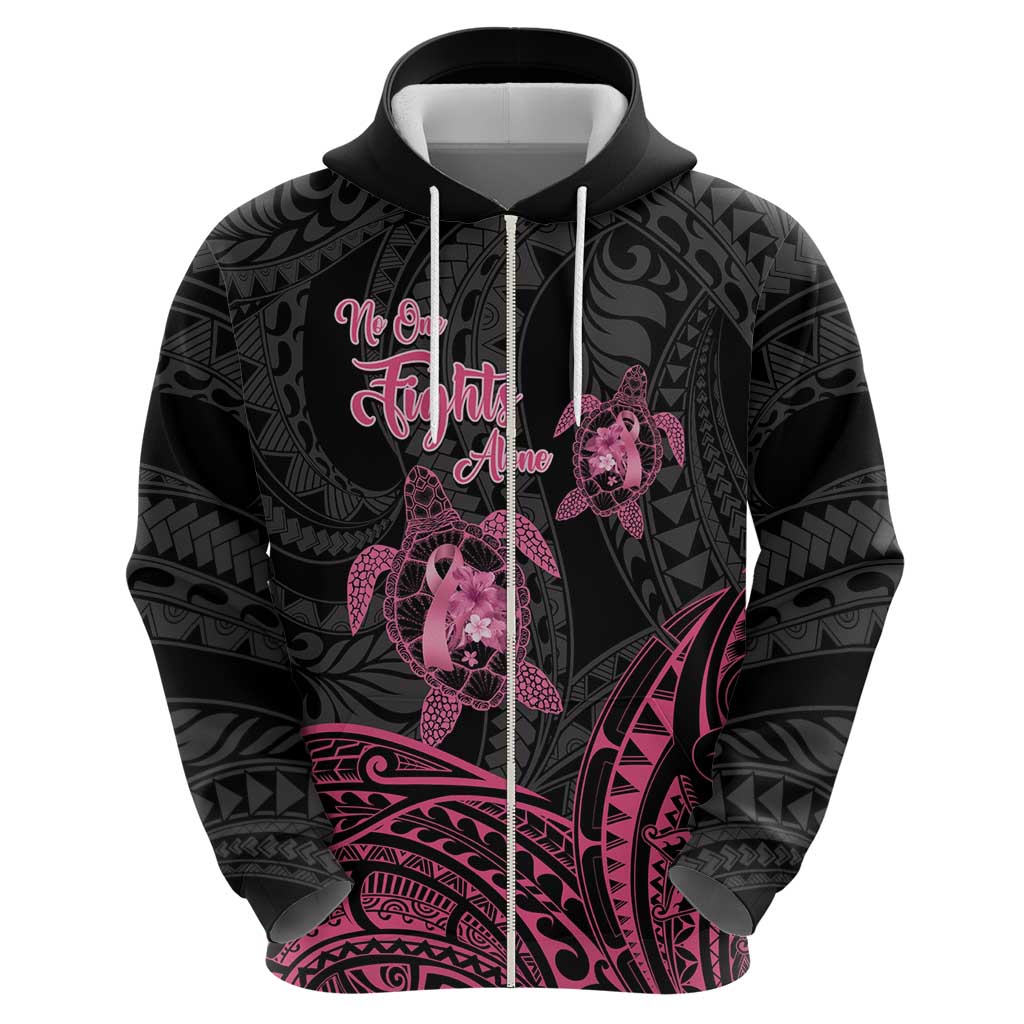 Personalised Polynesia Breast Cancer Awareness Hoodie No One Fights Alone Turtle Ribbon - Black Version