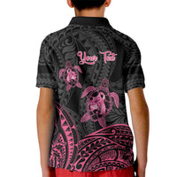 Personalised Polynesia Breast Cancer Awareness Kid Polo Shirt No One Fights Alone Turtle Ribbon - Black Version