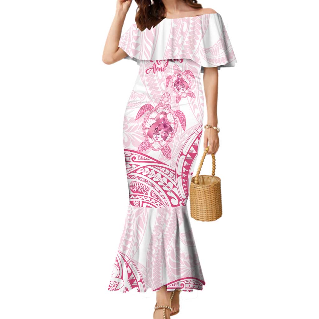 Personalised Polynesia Breast Cancer Awareness Family Matching Mermaid Dress and Hawaiian Shirt No One Fights Alone Turtle Ribbon - White Version