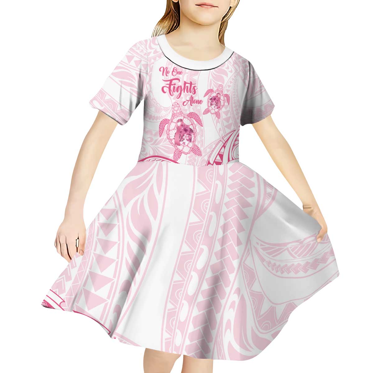 Personalised Polynesia Breast Cancer Awareness Kid Short Sleeve Dress No One Fights Alone Turtle Ribbon - White Version