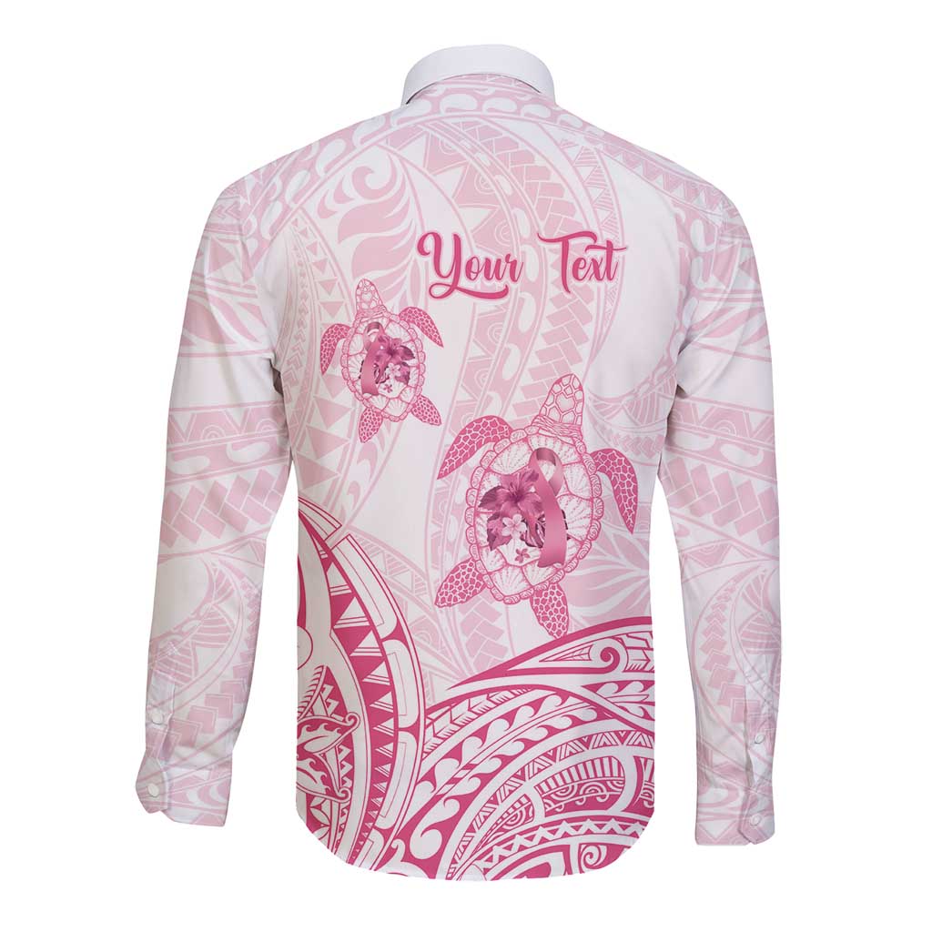 Personalised Polynesia Breast Cancer Awareness Long Sleeve Button Shirt No One Fights Alone Turtle Ribbon - White Version