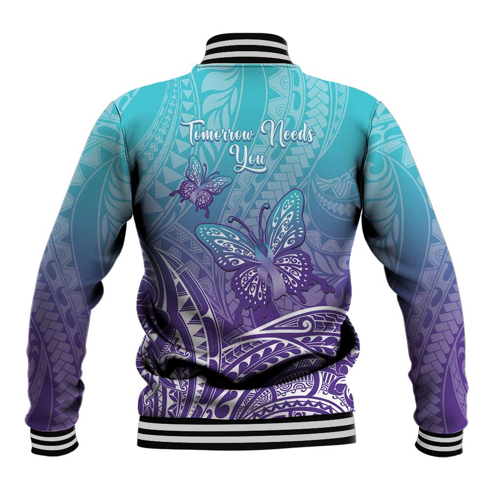 Polynesia Suicide Prevention Month Baseball Jacket Butterfly Purple And Teal Ribbon Tomorrow Needs You