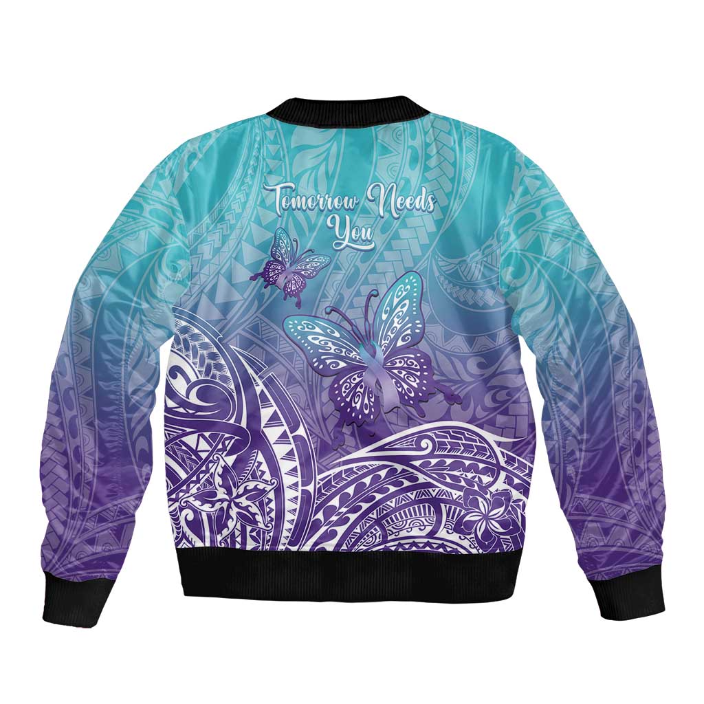 Polynesia Suicide Prevention Month Bomber Jacket Butterfly Purple And Teal Ribbon Tomorrow Needs You