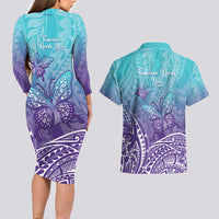 Polynesia Suicide Prevention Month Couples Matching Long Sleeve Bodycon Dress and Hawaiian Shirt Butterfly Purple And Teal Ribbon Tomorrow Needs You
