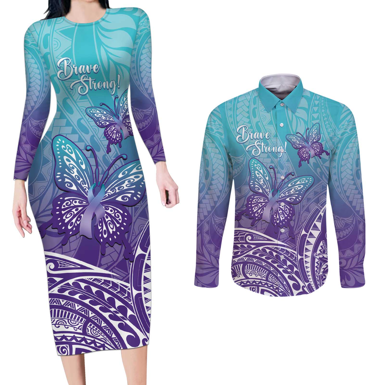 Polynesia Suicide Prevention Month Couples Matching Long Sleeve Bodycon Dress and Long Sleeve Button Shirt Butterfly Purple And Teal Ribbon Tomorrow Needs You