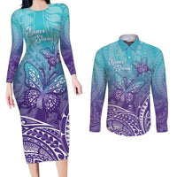 Polynesia Suicide Prevention Month Couples Matching Long Sleeve Bodycon Dress and Long Sleeve Button Shirt Butterfly Purple And Teal Ribbon Tomorrow Needs You