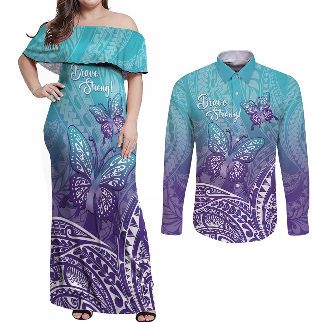 Polynesia Suicide Prevention Month Couples Matching Off Shoulder Maxi Dress and Long Sleeve Button Shirt Butterfly Purple And Teal Ribbon Tomorrow Needs You