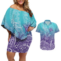Polynesia Suicide Prevention Month Couples Matching Off Shoulder Short Dress and Hawaiian Shirt Butterfly Purple And Teal Ribbon Tomorrow Needs You