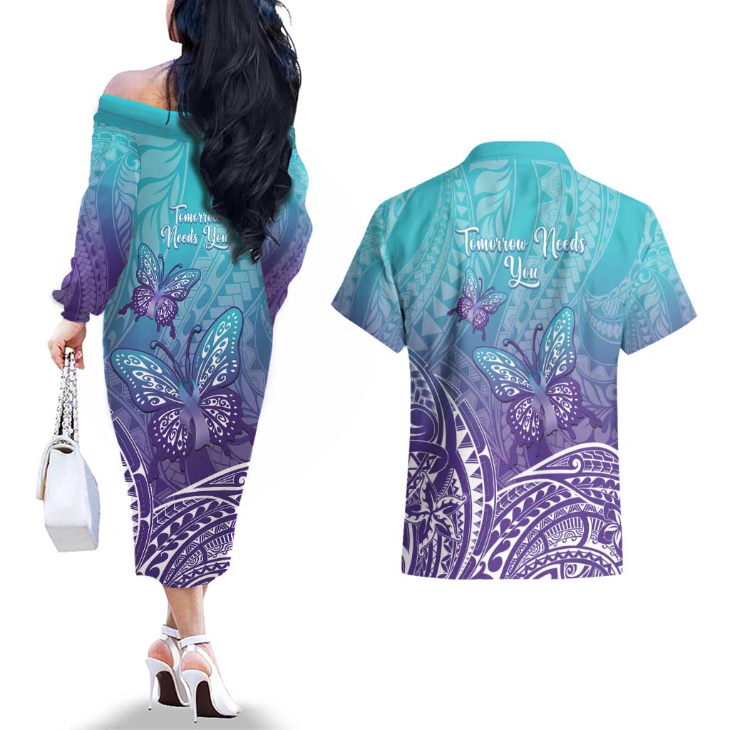 Polynesia Suicide Prevention Month Couples Matching Off The Shoulder Long Sleeve Dress and Hawaiian Shirt Butterfly Purple And Teal Ribbon Tomorrow Needs You