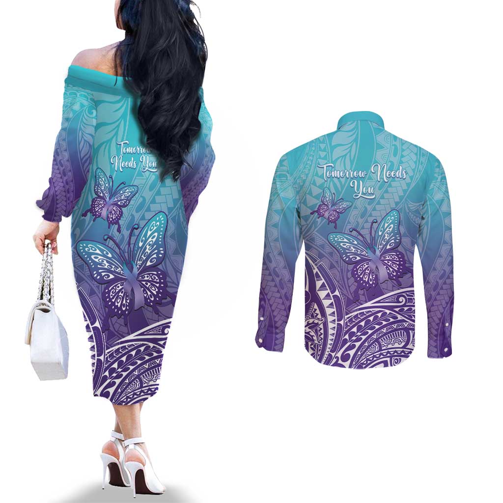 Polynesia Suicide Prevention Month Couples Matching Off The Shoulder Long Sleeve Dress and Long Sleeve Button Shirt Butterfly Purple And Teal Ribbon Tomorrow Needs You