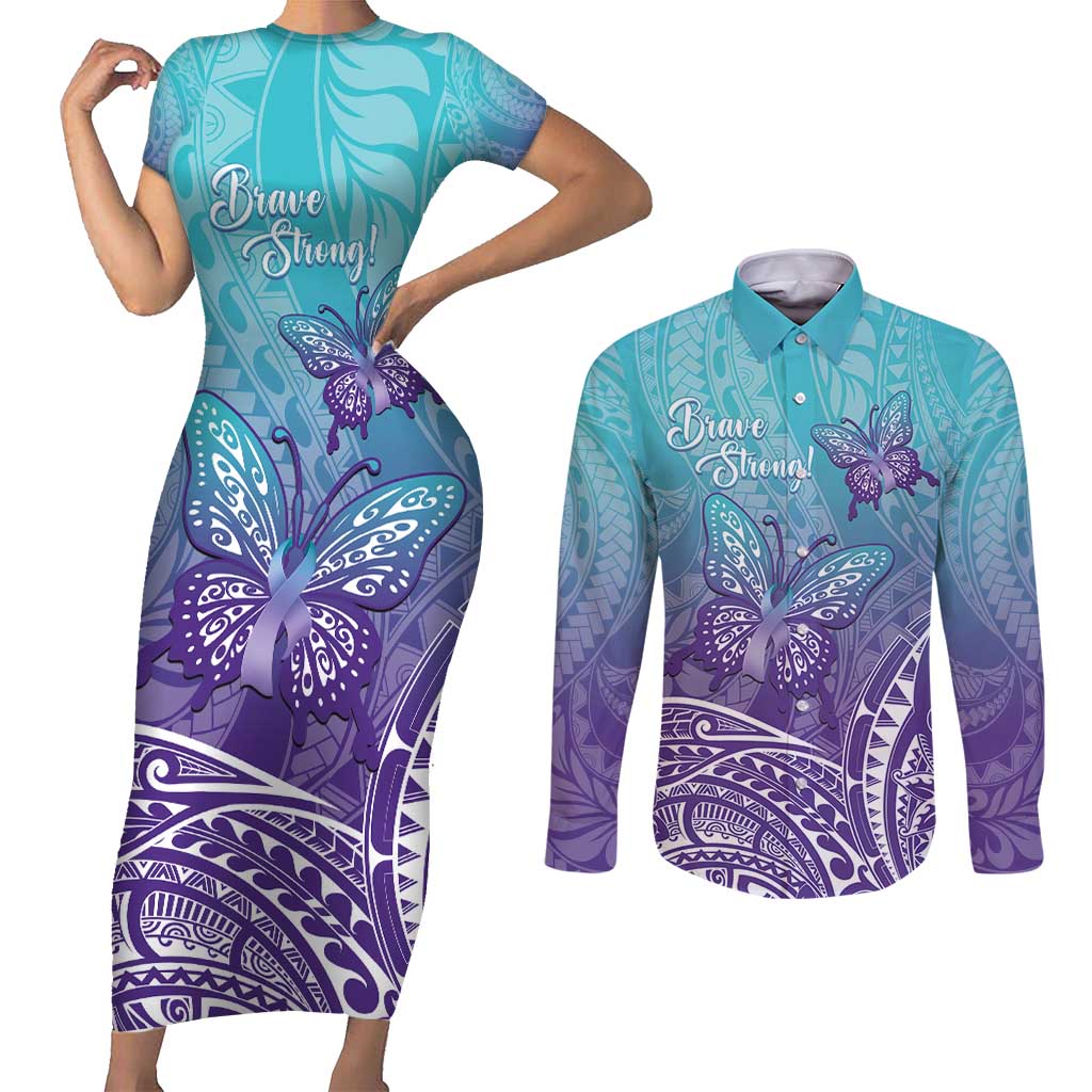 Polynesia Suicide Prevention Month Couples Matching Short Sleeve Bodycon Dress and Long Sleeve Button Shirt Butterfly Purple And Teal Ribbon Tomorrow Needs You