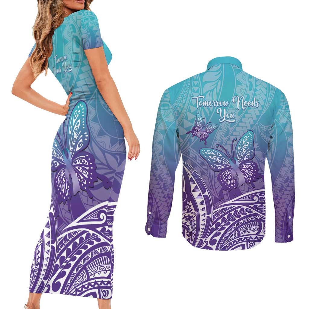 Polynesia Suicide Prevention Month Couples Matching Short Sleeve Bodycon Dress and Long Sleeve Button Shirt Butterfly Purple And Teal Ribbon Tomorrow Needs You