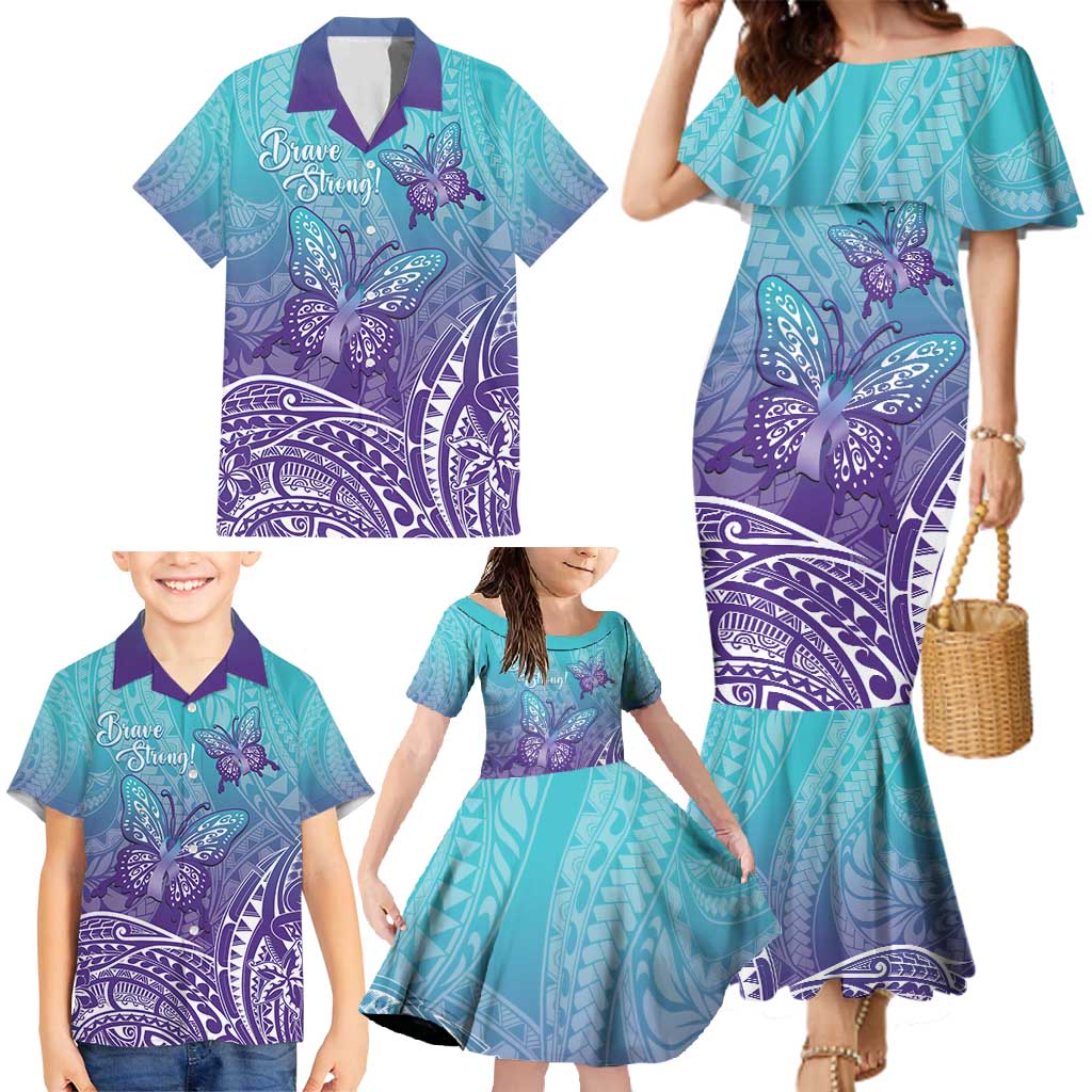 Polynesia Suicide Prevention Month Family Matching Mermaid Dress and Hawaiian Shirt Butterfly Purple And Teal Ribbon Tomorrow Needs You