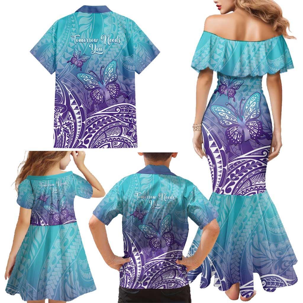 Polynesia Suicide Prevention Month Family Matching Mermaid Dress and Hawaiian Shirt Butterfly Purple And Teal Ribbon Tomorrow Needs You