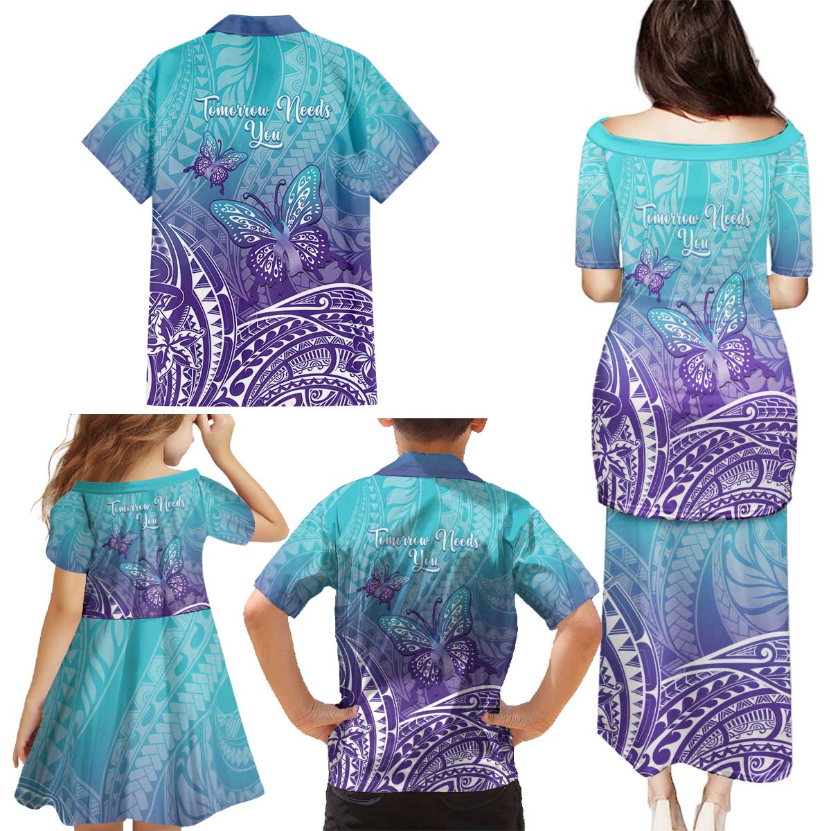 Polynesia Suicide Prevention Month Family Matching Puletasi and Hawaiian Shirt Butterfly Purple And Teal Ribbon Tomorrow Needs You