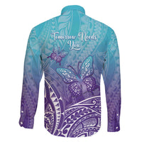 Polynesia Suicide Prevention Month Family Matching Tank Maxi Dress and Hawaiian Shirt Butterfly Purple And Teal Ribbon Tomorrow Needs You